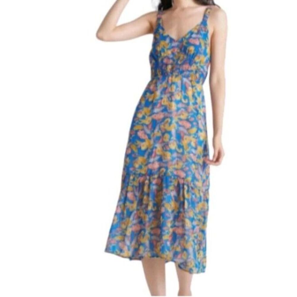BLACK TAPE Tiered Floral‎ A-Line Midi Dress Women's  XSmall Soft Leaves